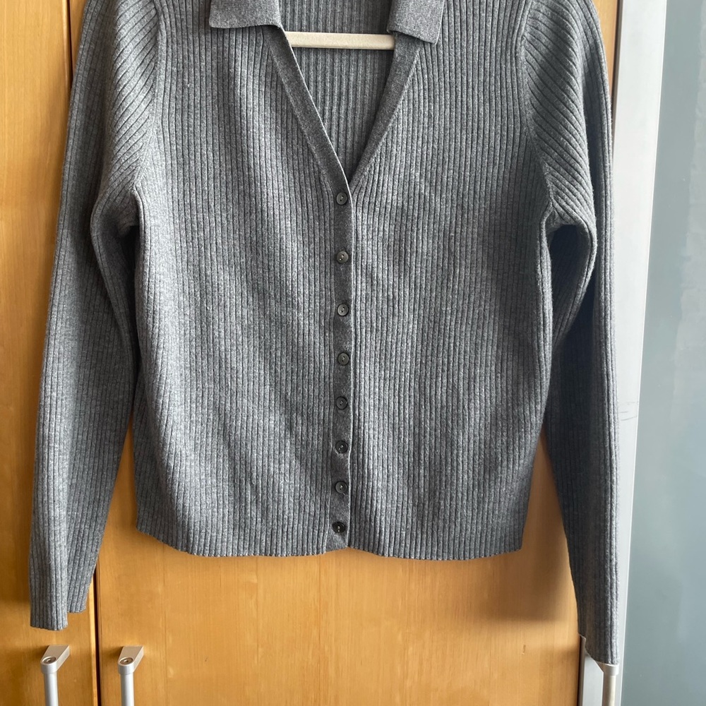 a new day Charcoal Ribbed Polo Knit Top. Button down cardigan